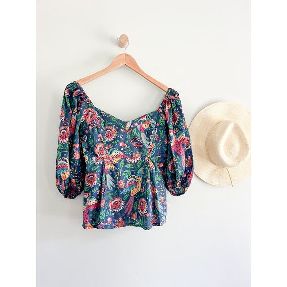 FARM Rio | Tropical Birds Blouse Navy Blue Multi | Sz S | Tropical Bold Vibrant - Picture 2 of 11
